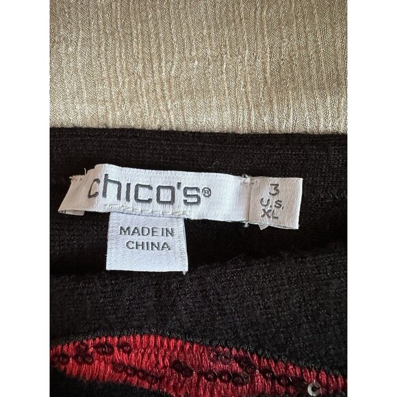 STUNNING Chico's Sweater Black Red Floral Embroidered Christmas Holiday Sz 3 XL‎ - Picture 12 of 16